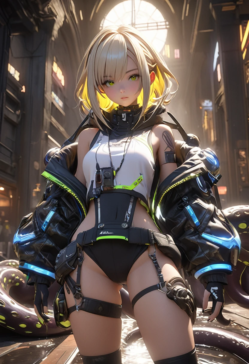 (quality)), ((masterpiece)), Recommended results、Puffy nipples、(see through:1.5)、straighten your back、abdominal muscles、huge bust、angle to floor:1.2、low camera angle、Hair loss on crotch，Hatsune Miku，super detailed)), (Very detailed的CG插画), ((extremely delicate and beautiful)),(1 golden transparent mechanical girl)),alone,whole body,(Machine made joints:1.2),((mechanical limbs)),(Flashing blood vessel points connected to tubes),(Mechanical vertebrae attached to the back，with flowing glitter.),((Flowing rainbow fixed around neck)),perfect round face,(Wires and cables connected to the neck:1.2),(Character focus),,Very detailed,colorful,most detailed，white ceramic skin，blonde short hair