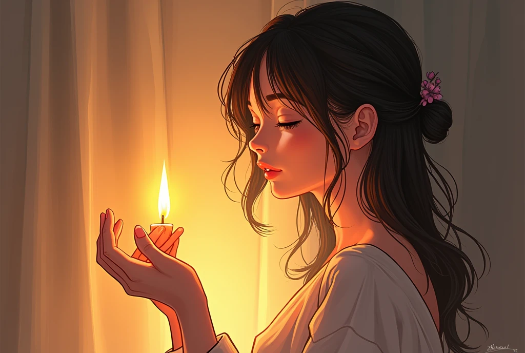 anime art of a delicate and ethereal illustration of a woman holding a small lit candle. The style blends fine line art with soft, warm lighting that emanates from the candle, casting a golden glow on the woman's face and upper body. Her eyes are closed, and her expression is serene, as if she is in a moment of deep contemplation or peace. The lines that define her hair and features are intricate, giving a sense of movement and lightness, while the glowing light adds depth and warmth to the overall composition. The contrast between the gentle lines and the warm, glowing light creates a dreamlike and soothing atmosphere.
