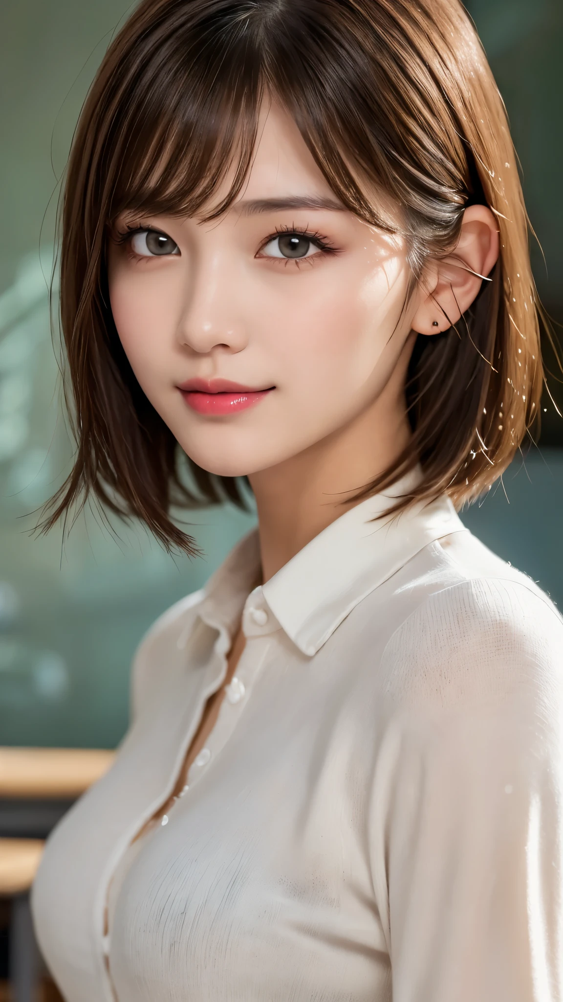 (photorealistic, 32k, RAW photo, best quality: 1.4), (masterpiece:1.3), (absurdres, attractive, ultra high resolution, ultra realistic, highly detailed, golden ratio, ultra detailed, super fucking beautiful detailed face), natural makeup, detailed cloth texture, detailed hair texture, beautiful detailed fullbody, Perfect female body, accurate, Anatomically correct, Highly detailed face and skin texture, (beautiful hands), (realistic skin), (beautiful pale skin:1.1), (large breasts), (thighs), (cowboy shot:1.3), (Perfect dynamic composition, looking at viewer),
BREAK,
realistic eyes, beautiful detailed eyes, symmetric eyes, Light Brown eyes, Double eyelids, Thin eyebrows, (Glossy lips:1.4), ((A face with waiting for a kiss, Seductive smile:1.2)), (weat skin, blush:1.1),
BREAK,
((short hair, bob, Dark blonde hair, bangs:1.2)), Daytime, (Standing in classroom:1.3), (school uniform, long sleeve white shirt:1.3)