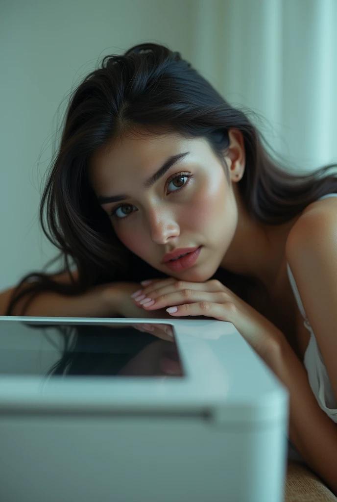 A woman with long, dark hair leans over a printer, her head resting on the glass surface. She gazes intently at the camera with a soft expression, wearing a light-colored, sleeveless top. Her left hand rests on the printer, while the background is softly blurred, highlighting her and the machine. The overall mood is surreal and artistic, blending human form with an everyday object.