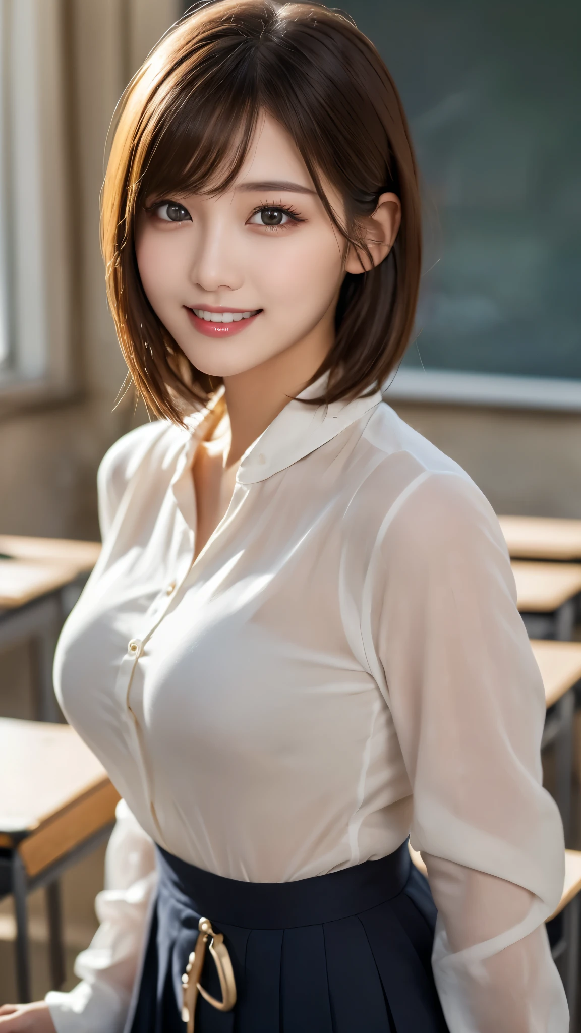 (photorealistic, 32k, RAW photo, best quality: 1.4), (masterpiece:1.3), (absurdres, attractive, ultra high resolution, ultra realistic, highly detailed, golden ratio, ultra detailed, super fucking beautiful detailed face), natural makeup, detailed cloth texture, detailed hair texture, beautiful detailed fullbody, Perfect female body, accurate, Anatomically correct, Highly detailed face and skin texture, (beautiful hands), (realistic skin), (beautiful pale skin:1.1), (large breasts), (thighs), (cowboy shot:1.3), (Perfect dynamic composition, looking at viewer), 
BREAK, 
realistic eyes, beautiful detailed eyes, symmetric eyes, Light Brown eyes, Double eyelids, Thin eyebrows, (Glossy lips:1.4), ((A face with waiting for a kiss, Seductive smile:1.2)), (weat skin, blush:1.1), 
BREAK, 
((short hair, bob, Dark blonde hair, bangs:1.2)), Daytime, (Standing in classroom:1.3), (school uniform, long sleeve white shirt:1.3)