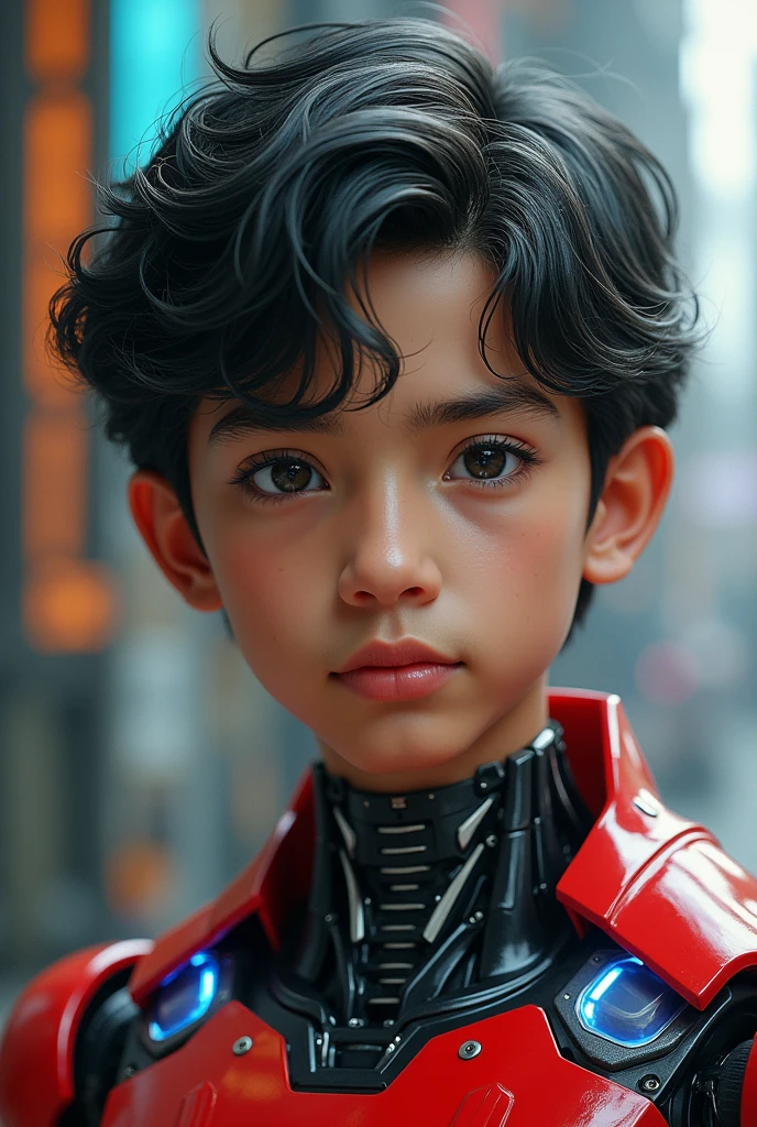 detailed portrait of a young malay indonesian boy, 19 years old, with wavy black hair and some white highlights, tan skin, wearing a red and white exoskeleton robot suit with a robot face on the body, blue LED lights on the nipple area, (best quality,4k,8k,highres,masterpiece:1.2),ultra-detailed,(realistic,photorealistic,photo-realistic:1.37),highly detailed face, detailed eyes, detailed nose, detailed lips, intricate details, hyper realistic, vibrant colors, cinematic lighting, science fiction, concept art. Iron man face on body