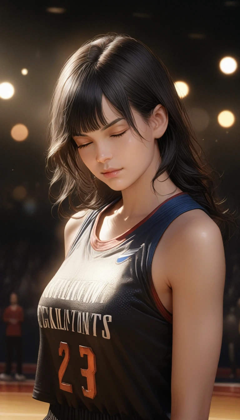 (8k, Highest quality, masterpiece:1.2), (Realistic, photo-Realistic:1.37), Very detailed,Highest quality, Ultra-high resolution, Professional Lighting, Photon Mapping, Radio City, Physically Based Rendering, Cinema Lighting, Basketball court,Depth of written boundary, Sharp focus,Sunbeam, Good composition,(Bokeh:1.2) One person,alone,(whole body), (Mouth closed),Beautiful attention to detail, Pause, Tight waist,Basketball Uniforms, Black Hair,Messy Hair,Long hair blowing in the wind,(Urzan-6500:1.2), Mix 4, Hello