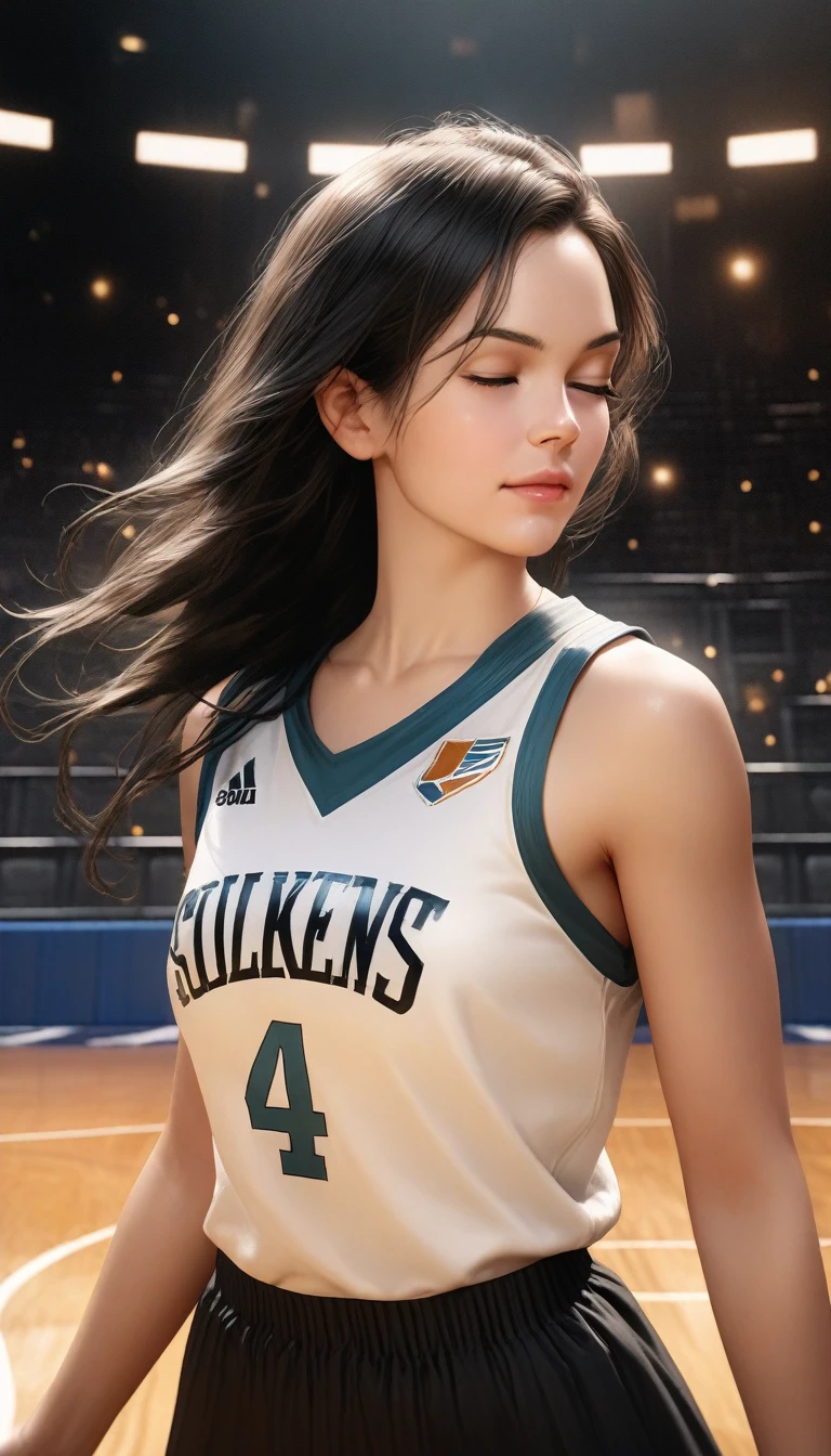 (8k, Highest quality, masterpiece:1.2), (Realistic, photo-Realistic:1.37), Very detailed,Highest quality, Ultra-high resolution, Professional Lighting, Photon Mapping, Radio City, Physically Based Rendering, Cinema Lighting, Basketball court,Depth of written boundary, Sharp focus,Sunbeam, Good composition,(Bokeh:1.2) One person,alone,(whole body), (Mouth closed),Beautiful attention to detail, Pause, Tight waist,Basketball Uniforms, Black Hair,Messy Hair,Long hair blowing in the wind,(Urzan-6500:1.2), Mix 4, Hello