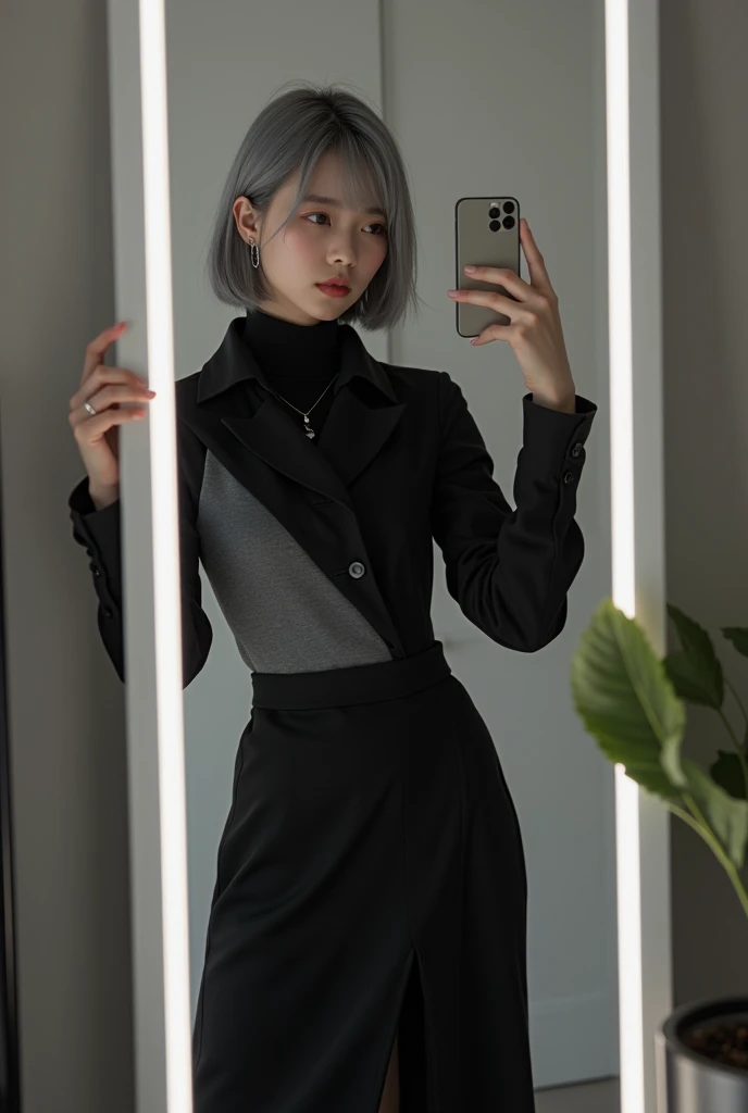 highly detailed, beautiful, hyper Realistic girl, masterpiece, best quality, Japanese sexy fashion model, 28 years old, identity hidden, takes a selfie in her room using a smartphone in front of a mirror with one hand, fashion model Posing, looking away from the camera, /// gray short hair, light color eyes, Realistic skin, Detailed face, /// black-themed, futuristic-inspired fall outfit, black asymmetrical sleek short shirt with collar, form-fitting turtleneck in a soft gray fabric. Combine this with high-waisted black layered maxi patchwork skirt made from a modern silhouette, Footwear should include black, futuristic sneakers with Thick soles. Accessories might involve a slim, a minimalist silver crossbody bag. The overall look should blend modern functionality with futuristic elements, offering a fresh, forward-thinking take on autumn fashion, /// Monotone simple modern taste single room, mirror, complicated background