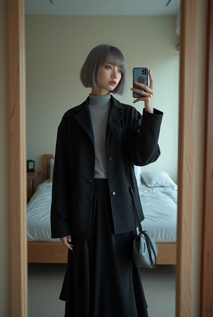 highly detailed, beautiful, hyper Realistic girl, masterpiece, best quality, Japanese sexy fashion model, 28 years old, identity hidden, takes a selfie in her room using a smartphone in front of a mirror with one hand, fashion model Posing, looking away from the camera, /// gray short hair, light color eyes, Realistic skin, Detailed face, /// black-themed, futuristic-inspired fall outfit, black asymmetrical sleek short shirt with collar, form-fitting turtleneck in a soft gray fabric. Combine this with high-waisted black layered maxi patchwork skirt made from a modern silhouette, Footwear should include black, futuristic sneakers with Thick soles. Accessories might involve a slim, a minimalist silver crossbody bag. The overall look should blend modern functionality with futuristic elements, offering a fresh, forward-thinking take on autumn fashion, /// Monotone simple modern taste single room, mirror, complicated background