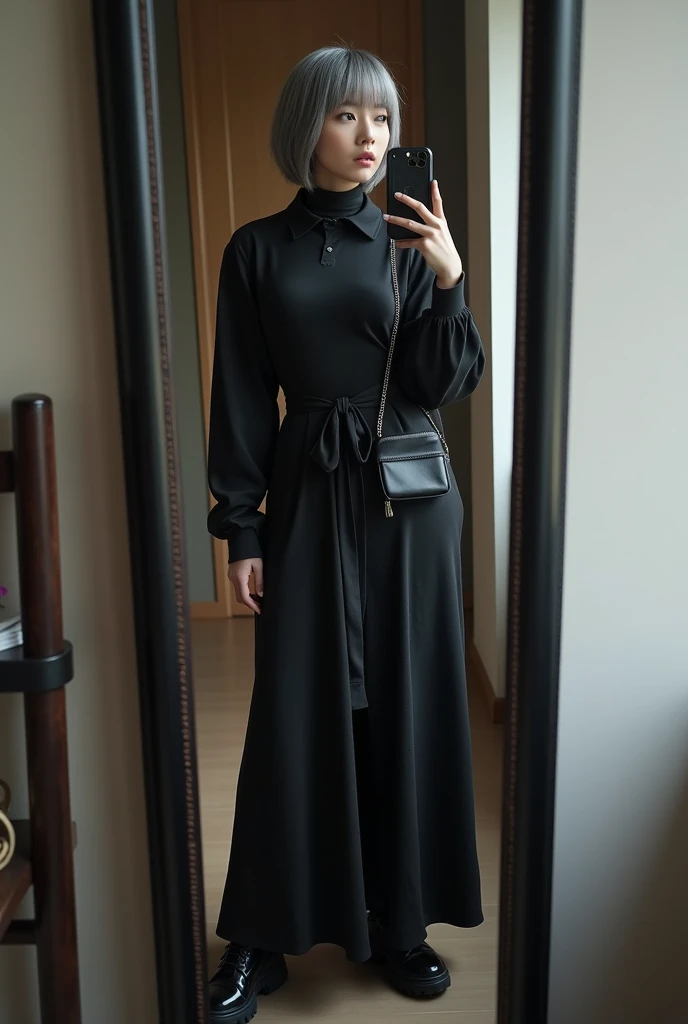 highly detailed, beautiful, hyper Realistic girl, masterpiece, best quality, Japanese sexy fashion model, 28 years old, identity hidden, takes a selfie in her room using a smartphone in front of a mirror with one hand, fashion model Posing, looking away from the camera, /// gray short hair, light color eyes, Realistic skin, Detailed face, /// black-themed, futuristic-inspired fall outfit, black asymmetrical sleek  short shirt with collar, form-fitting turtleneck in a soft gray fabric. Combine this with high-waisted black layered maxi patchwork skirt made from a modern silhouette, Footwear should include black, futuristic sneakers with Thick soles. Accessories might involve a slim, a minimalist silver crossbody bag. The overall look should blend modern functionality with futuristic elements, offering a fresh, forward-thinking take on autumn fashion, /// Monotone simple modern taste single room, mirror, complicated background