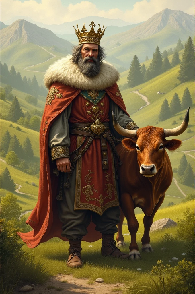 Farmer with cow in field as king
