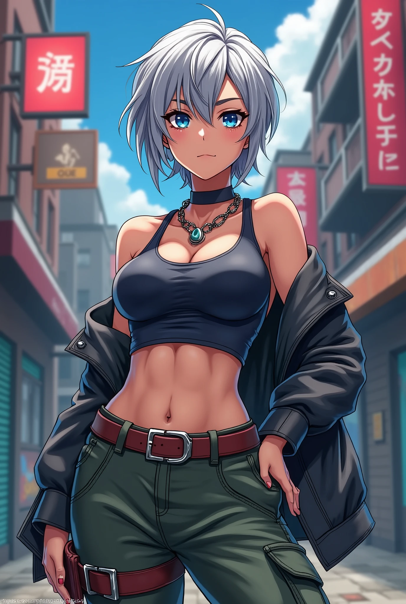 female, short hair, gray, big breasts, anime, strong, streetwear, slim, blue eyes