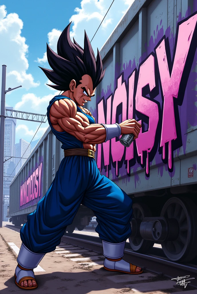 Vegeta in ultra ego mode making a graffiti that says Noisy on a train
