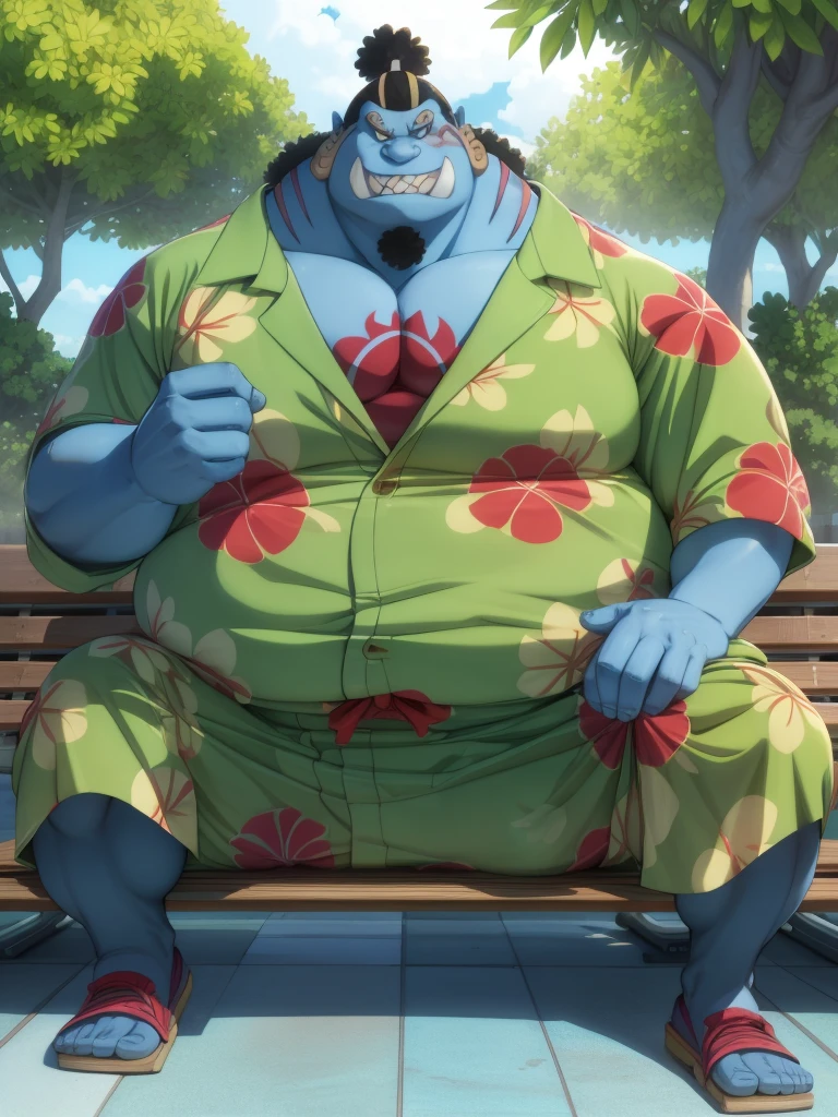 solo, 1boy, (Huge jinbei sitting in bench, park, blue skin, shorts, smile) (muscular, pectoral, chubby) (hawaiian shirts), pool background, masterpiece, high detailed, 8k, high resolution