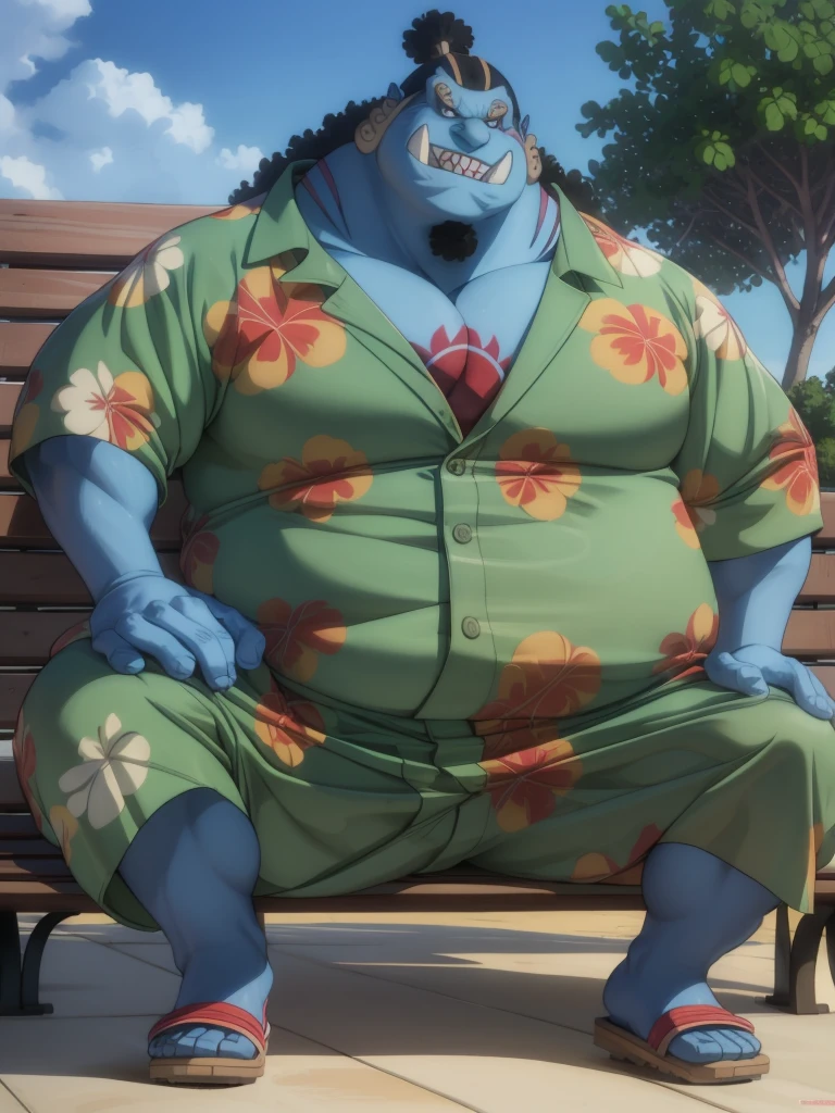 solo, 1boy, (Huge jinbei sitting in bench, park, blue skin, shorts, smile) (muscular, pectoral, chubby) (hawaiian shirts), pool background, masterpiece, high detailed, 8k, high resolution