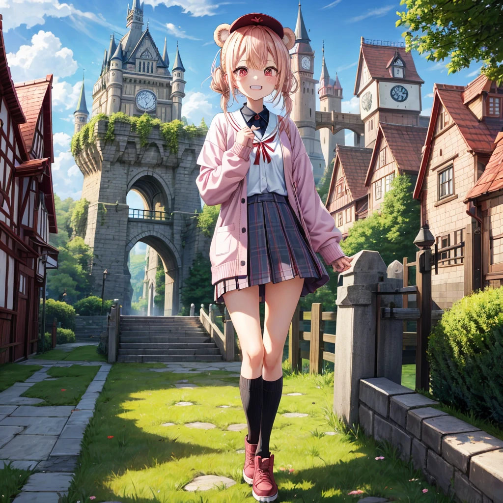 Pink Blonde、Red eyes、Hair tied up、Two cute、Checked mini skirt、black t-shirts、cardigan、Knee-high socks、bear ears baseball cap、Teeth are visible、Monster Castle、Tilting face、crossing the bridge、hazakura、windmill、grass、Stones are growing out of the ground.、A teddy bear is walking、Morning glory is blooming.、In front of the city gates、clock
