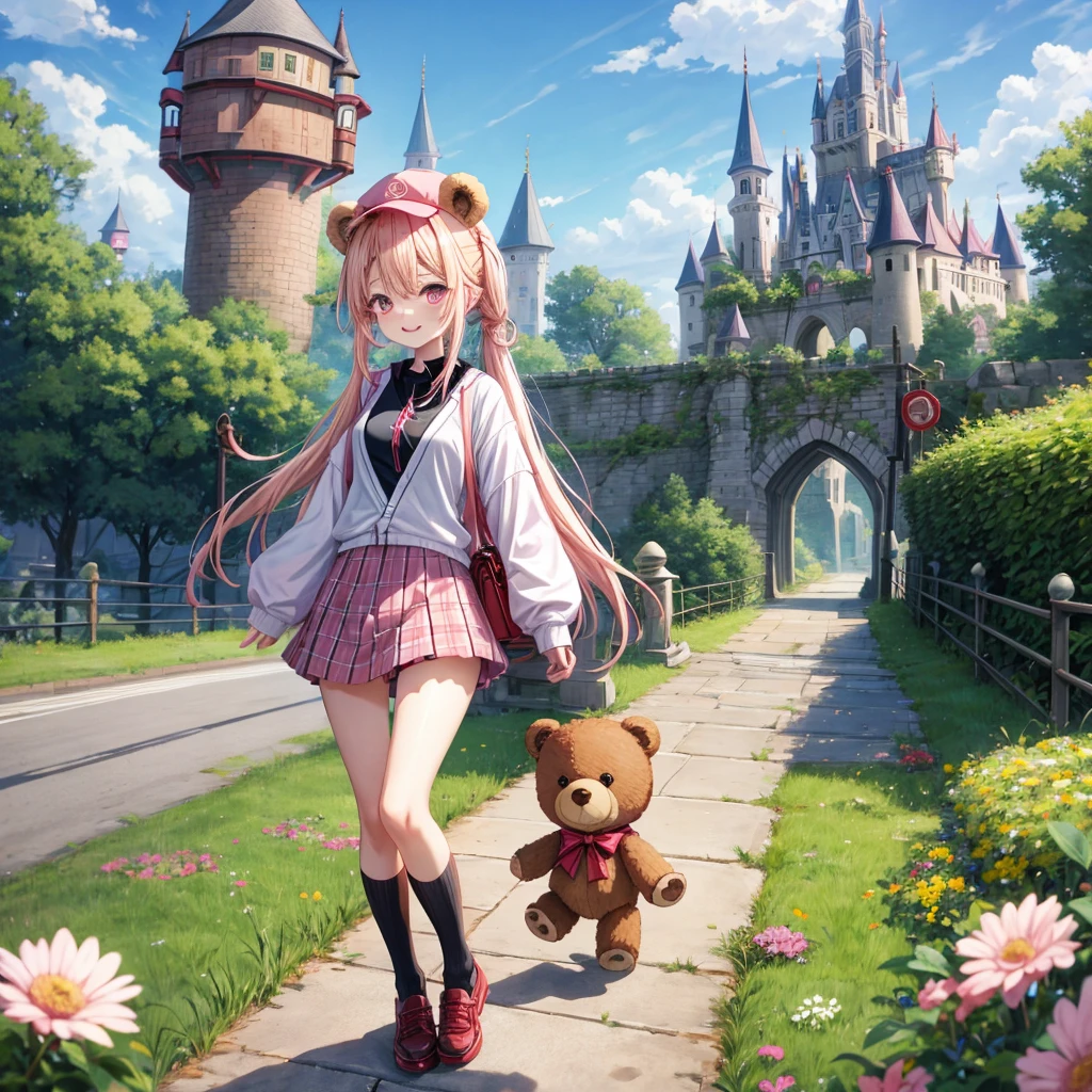 Pink Blonde、Red eyes、Hair tied up、Two cute、Checked mini skirt、black t-shirts、cardigan、Knee-high socks、bear ears baseball cap、Teeth are visible、Monster Castle、Tilting face、crossing the bridge、hazakura、windmill、grass、Stones are growing out of the ground.、A teddy bear is walking、Morning glory is blooming.、In front of the city gates、clock