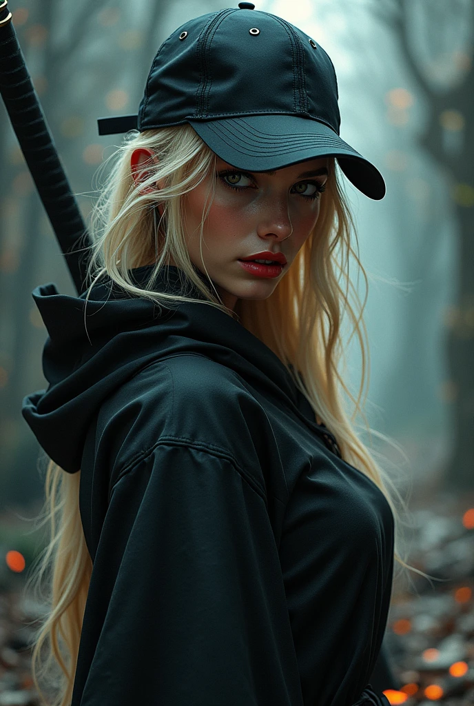 beautiful ninja woman in a black baseball cap on her head, long blond hair, detailed face, beautiful eyes and lips, detailed clothes, Wakizashi is hanging behind her back, dynamic pose, dark fantasy, cinematic lighting, dramatic shadows, gloomy colors, digital painting, bright colors, 8k, hyperrealism, detailed description, masterpiece