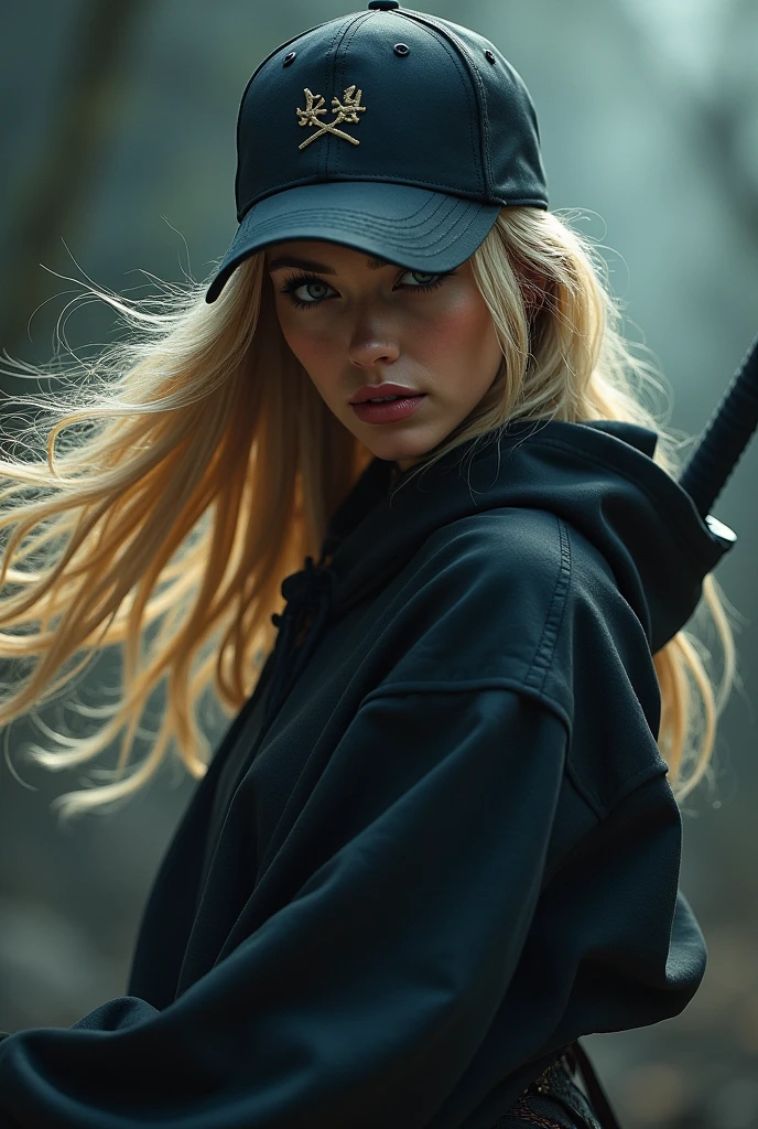 beautiful ninja woman in a black baseball cap on her head, long blond hair, detailed face, beautiful eyes and lips, detailed clothes, Wakizashi is hanging behind her back, dynamic pose, dark fantasy, cinematic lighting, dramatic shadows, gloomy colors, digital painting, bright colors, 8k, hyperrealism, detailed description, masterpiece