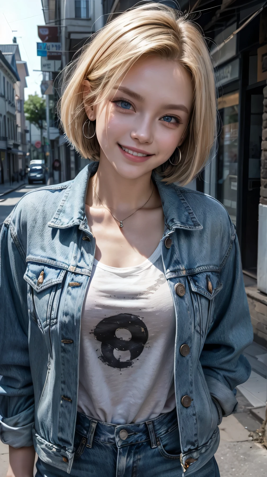 alone, Android 18, Written by Rubio, blue eyes, short hair, jewelry, Earrings, smile, Jacket, denim, denim Jacket, shirt、smile、Beautiful teeth alignment、, The background is a town street

