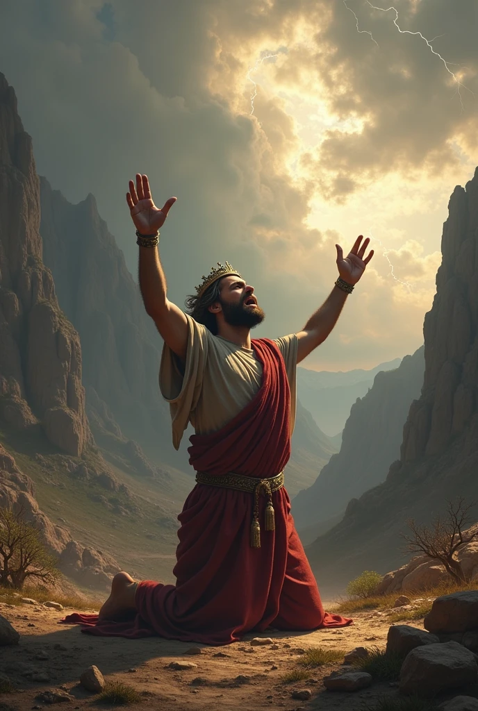 King David kneeling and crying out to the heavens