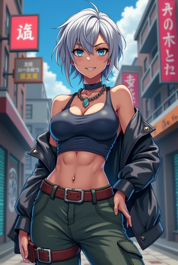 female, short hair, gray, big breasts, anime, strong, streetwear, slim, blue eyes 