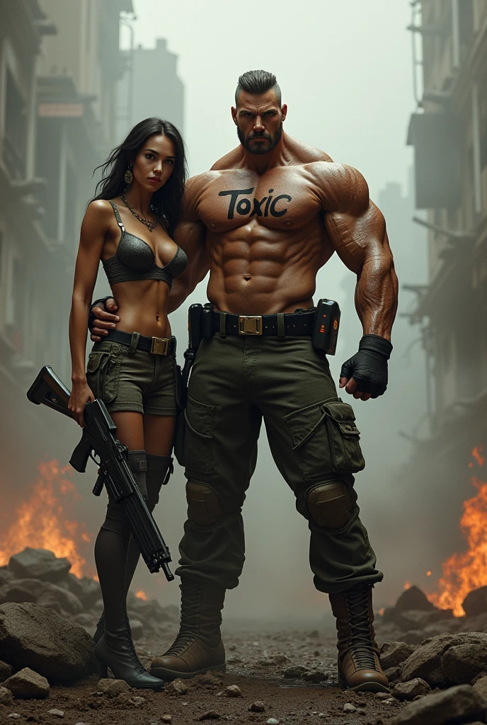 A soldier man who have six pack and toxic named printed on his chest standing in battlefield with a gun and a hot girl are also standing near him putting his one hand on man shoulder.