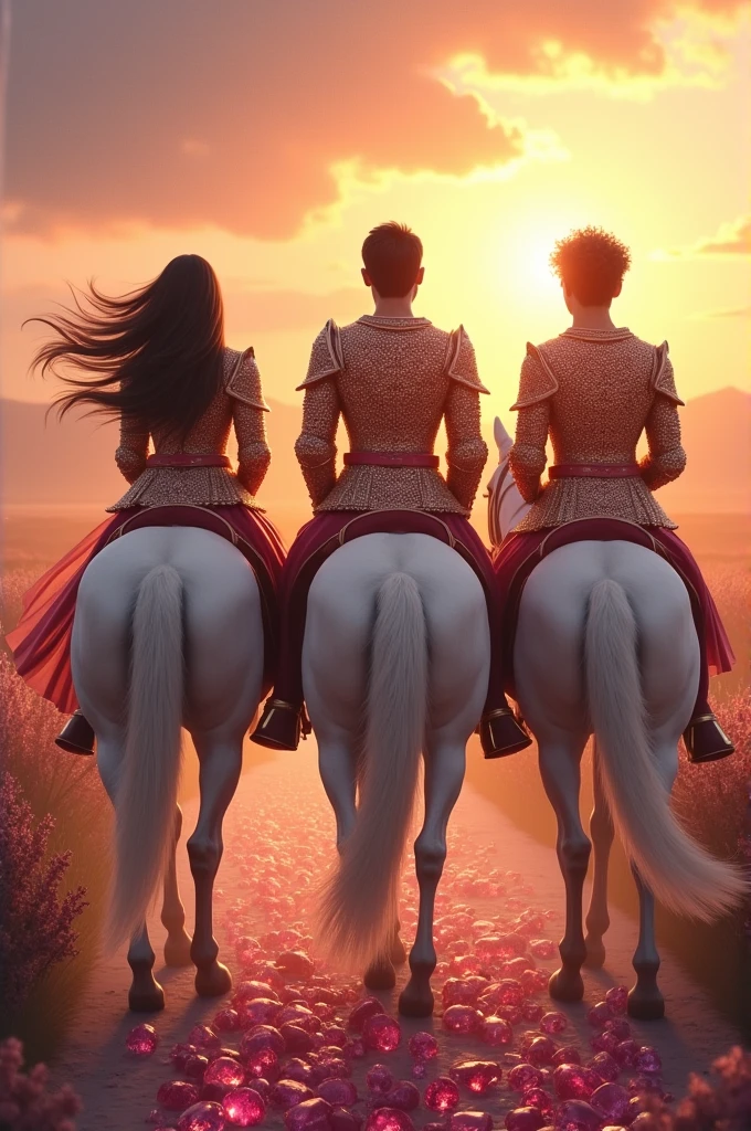 Three people on white horses ,One is a woman with very long brown hair,another is a man with semi-long black hair,and another is a man with short curly hair ,The three of them with their backs turned, heading towards the horizon along a path of precious stones like rubies.,All three wear armor made of precious stones.