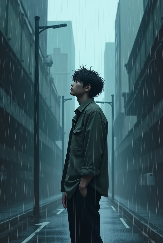 A men looking up the sky while too heavy raining in anime