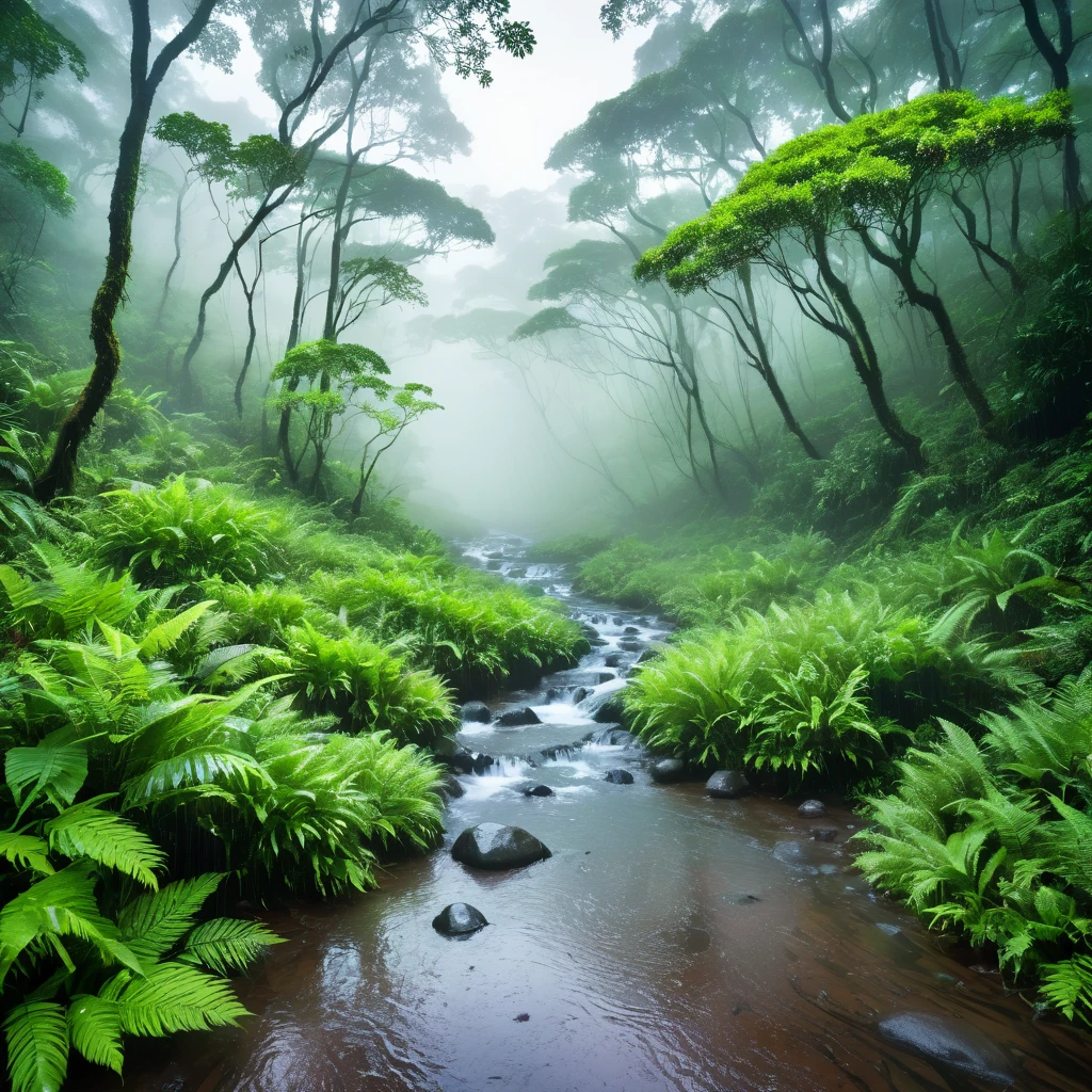 Rainy season forest with streams, mist and mist, peaceful and cool atmosphere