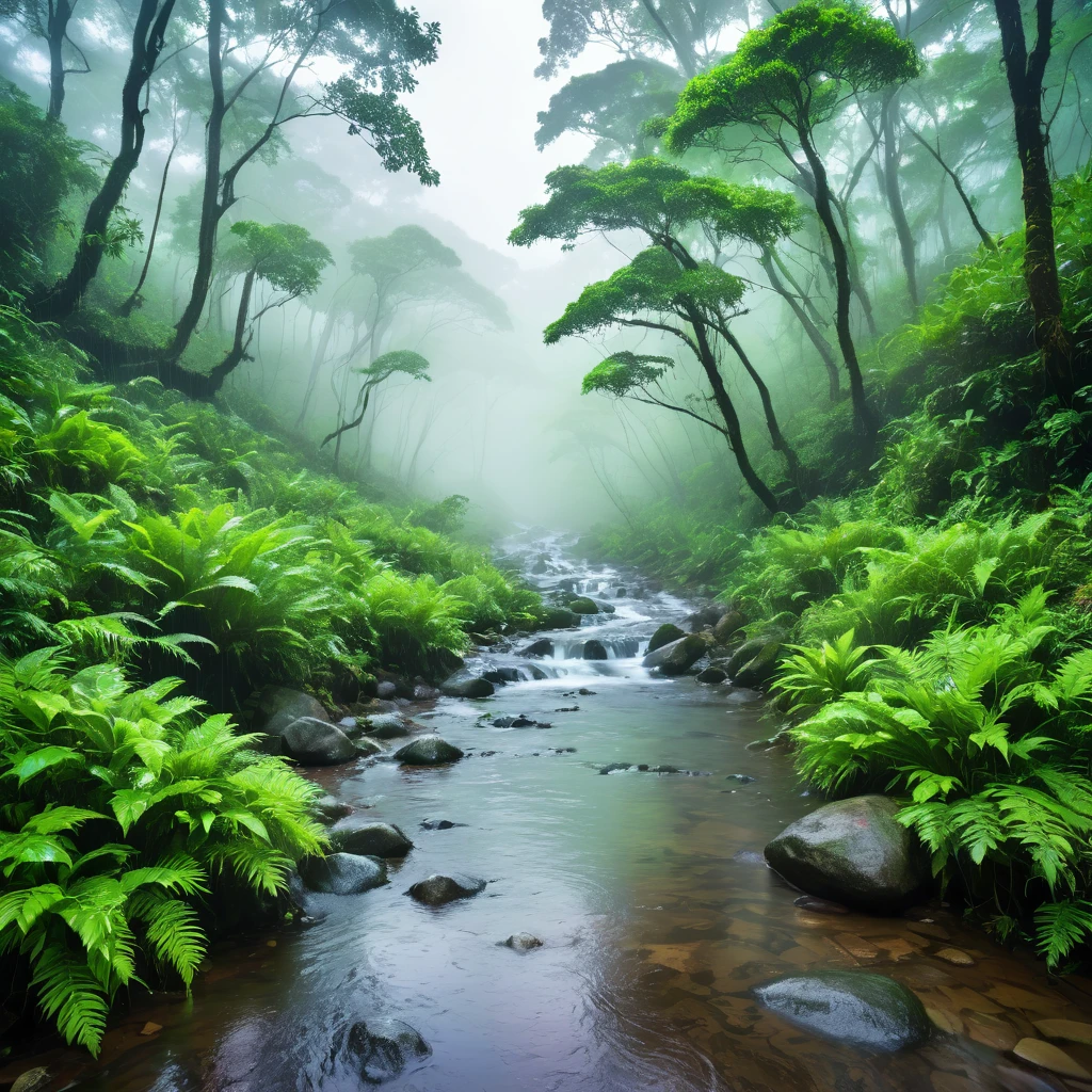 Rainy season forest with streams, mist and mist, peaceful and cool atmosphere