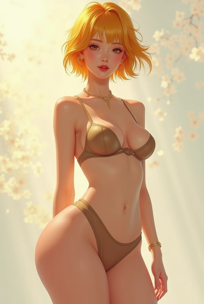 Solo,asian,woman, gold hair,short hair,gigantic hip,under wear,