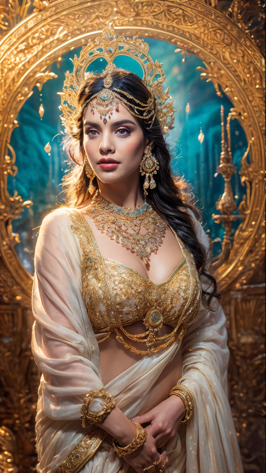 ((Best quality, 8k, Masterpiece :1.3)), Sharp focus :1.2, Generate a realistic image of a beautiful sexy Indian woman mermaid texture skin. plus size body: 8.5 dressed in a white Kasava saree, adorned with traditional ornaments, standing in a well-lit room with cinematic lighting. ((Front view, random elegant pose)), and there is a sense of grace and elegance in her posture. The background should complement the scene, enhancing the overall aesthetic appeal of the image. Photography by Brandon Woelfel, Full shot: Canon EF 16-35mm f/2.8L III USM lens on a Canon EOS 9D Mark IV camera, ultra realistic, 64k, HD