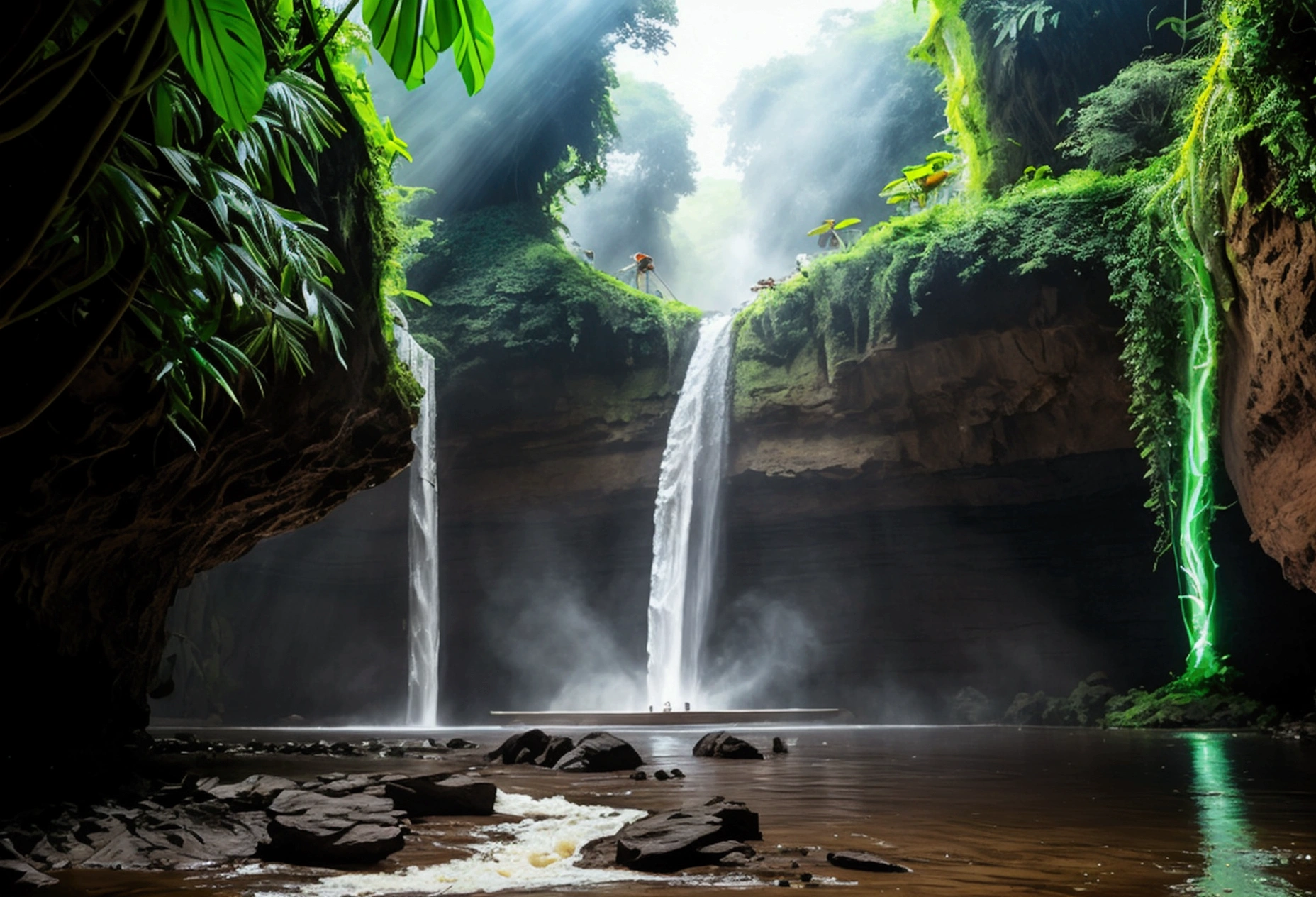 A vibrant, alien jungle teeming with bioluminescent plants and bizarre, colorful creatures. The flora is enormous, with trees that have glowing, pulsating veins and flowers that emit strange sounds. A waterfall cascades from a high cliff, feeding a river that winds through the jungle. Strange, hovering structures made of organic material float above the canopy, hinting at an advanced, unseen civilization.