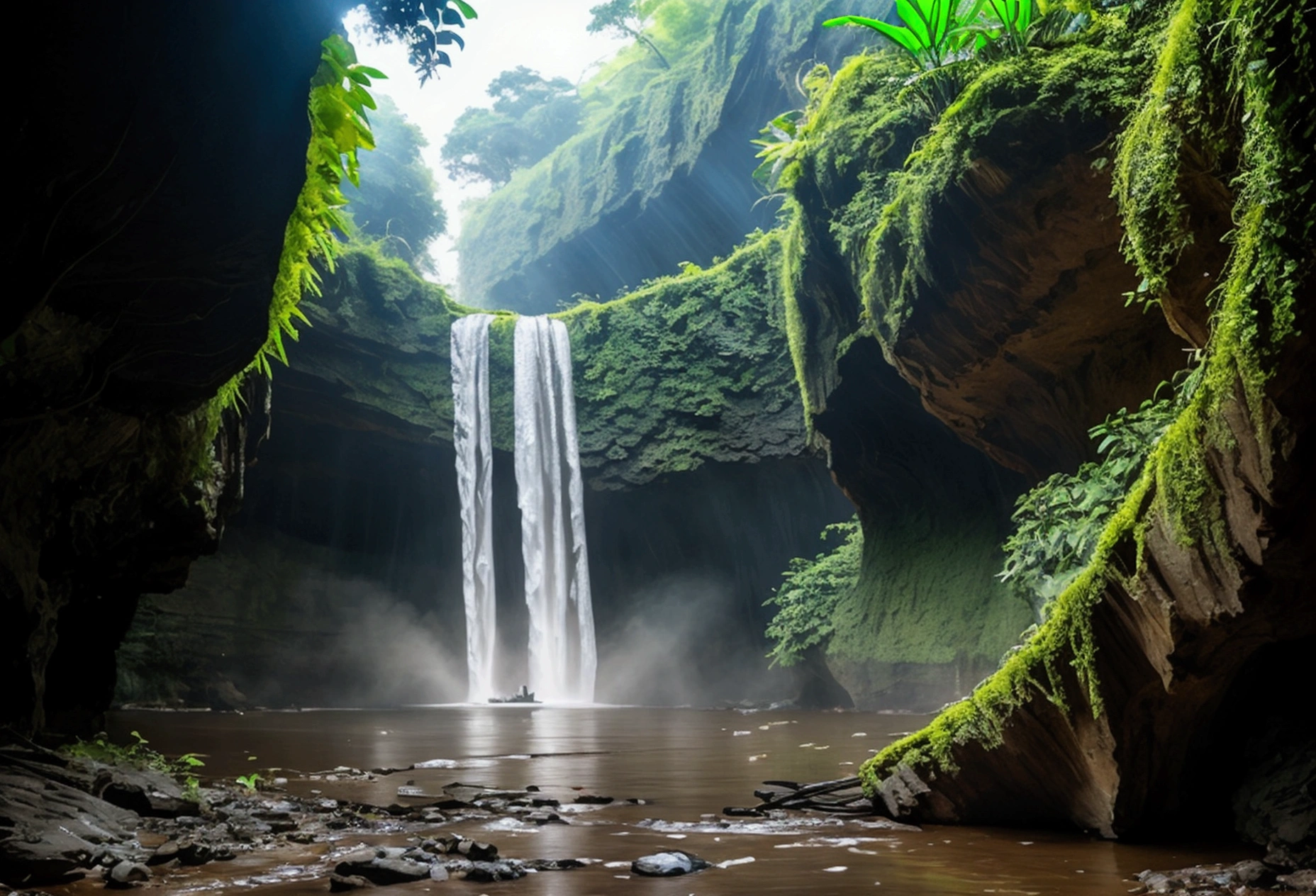 A vibrant, alien jungle teeming with bioluminescent plants and bizarre, colorful creatures. The flora is enormous, with trees that have glowing, pulsating veins and flowers that emit strange sounds. A waterfall cascades from a high cliff, feeding a river that winds through the jungle. Strange, hovering structures made of organic material float above the canopy, hinting at an advanced, unseen civilization.
