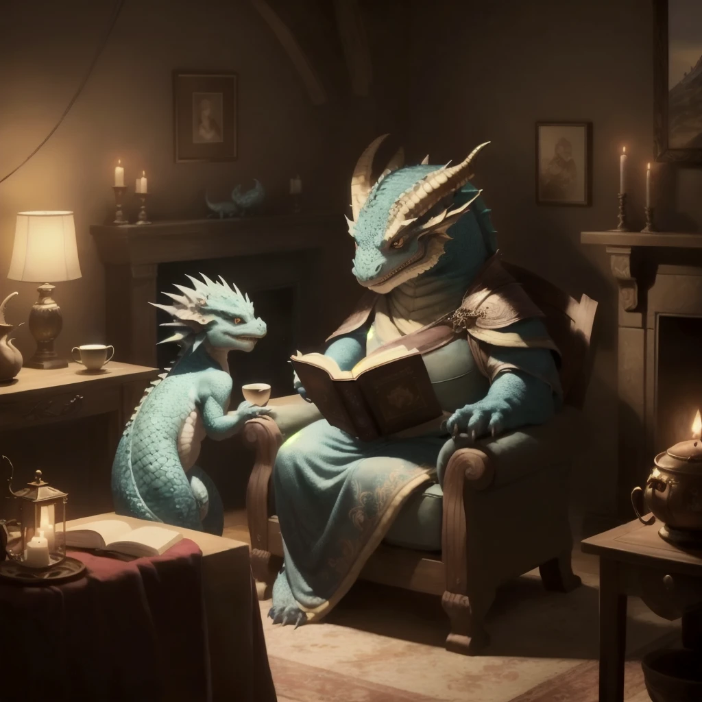 "A cozy scene unfolds in a warmly lit room filled with the soft glow of candles and a crackling fire in the hearth. A large, wise dragon, with scales shimmering in the golden light, sits comfortably in a plush armchair, engrossed in a book titled *Game of Thrones*. Beside the dragon, a smaller, younger dragon nestles closely, listening intently as if the story were being read aloud. The walls are adorned with framed images of other dragons, adding to the sense of history and wisdom in the room. A steaming cup of tea rests on a side table, completing this peaceful moment shared between a parent and child in a world where dragons read and learn just like humans."