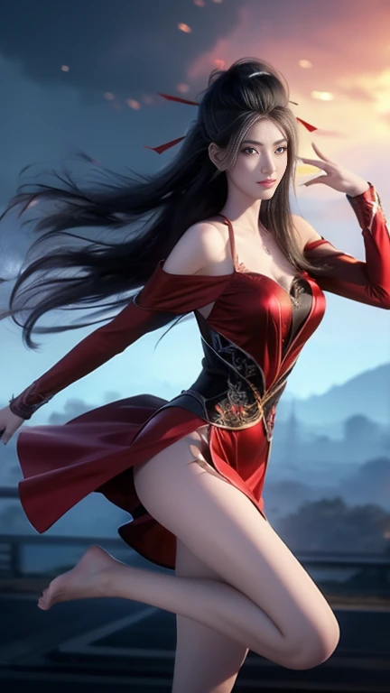 ((whole body)), 1 girl, Long hair, Red costume, Black Hair, long legs, Slender eyes, Fascinating eyes, （Chinese Goddess1.2）, Three long thin red hairpins, Elongated eyebrows, Tall and skinny, （transparent long sleeves）, Dance, Ribbon, （Very intricate details1.2）, Big round breasts, （Sexy pose）, Transparent satin, Leakage out of the breast, Very high color saturation, Off-shoulder, raised eyebrows, Barefoot, bare legs, Delicate face, Fluffy hair, Transparent Clothes, gradient eyes, color contact lenses, light smile, Surrealism, ray tracing, reflection light, high detail, Romanticism, retina, masterpiece, anatomically correct, high details, highres, 8k, super detail
