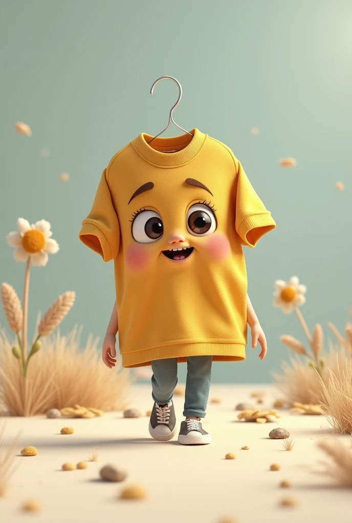 The clothes look for their owner. They walk everywhere. Just a single shirt, no humans or animals, just a walking shirt with eyes and a mouth, a cute face.