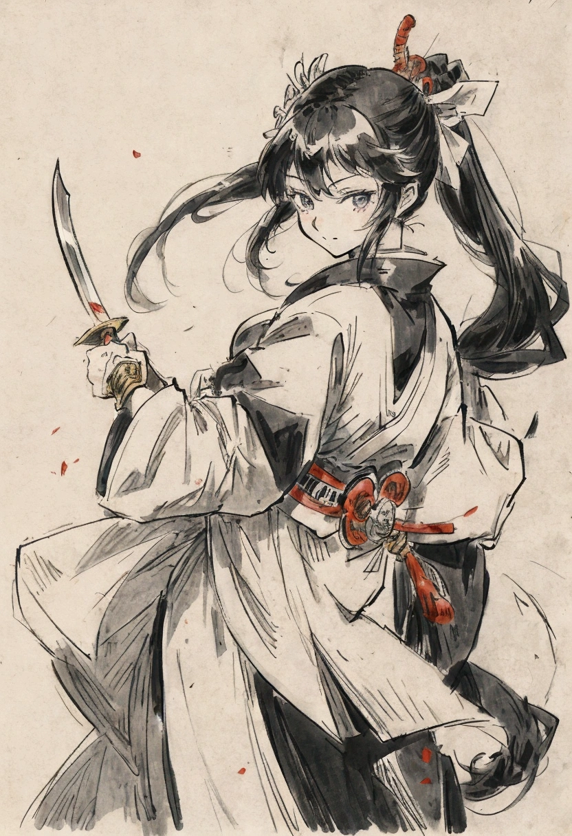 Anime Character Design　Japanese style　Anime Character Reference Sheet　Concept Character　black and white manga style　Taisho Romance　action　knife　Twin tails