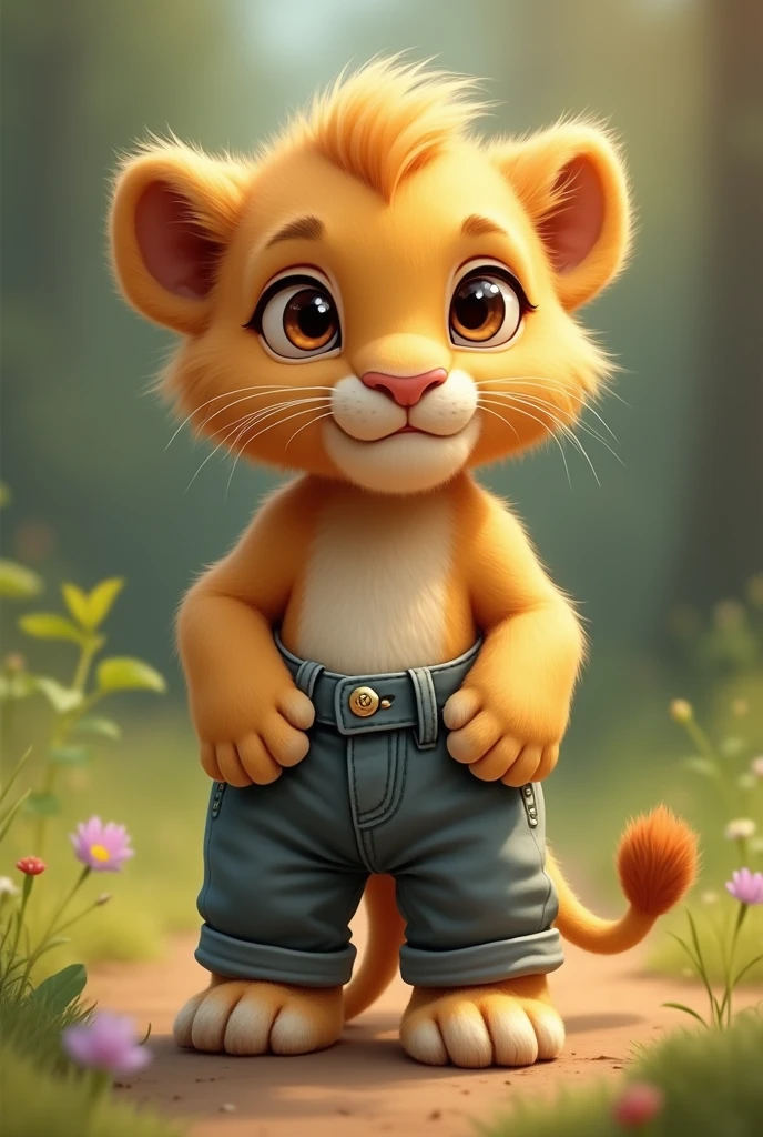 Lion cub wearing pants