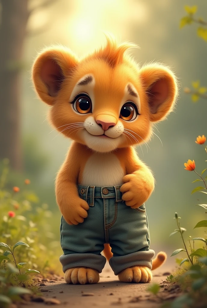 Lion cub wearing pants
