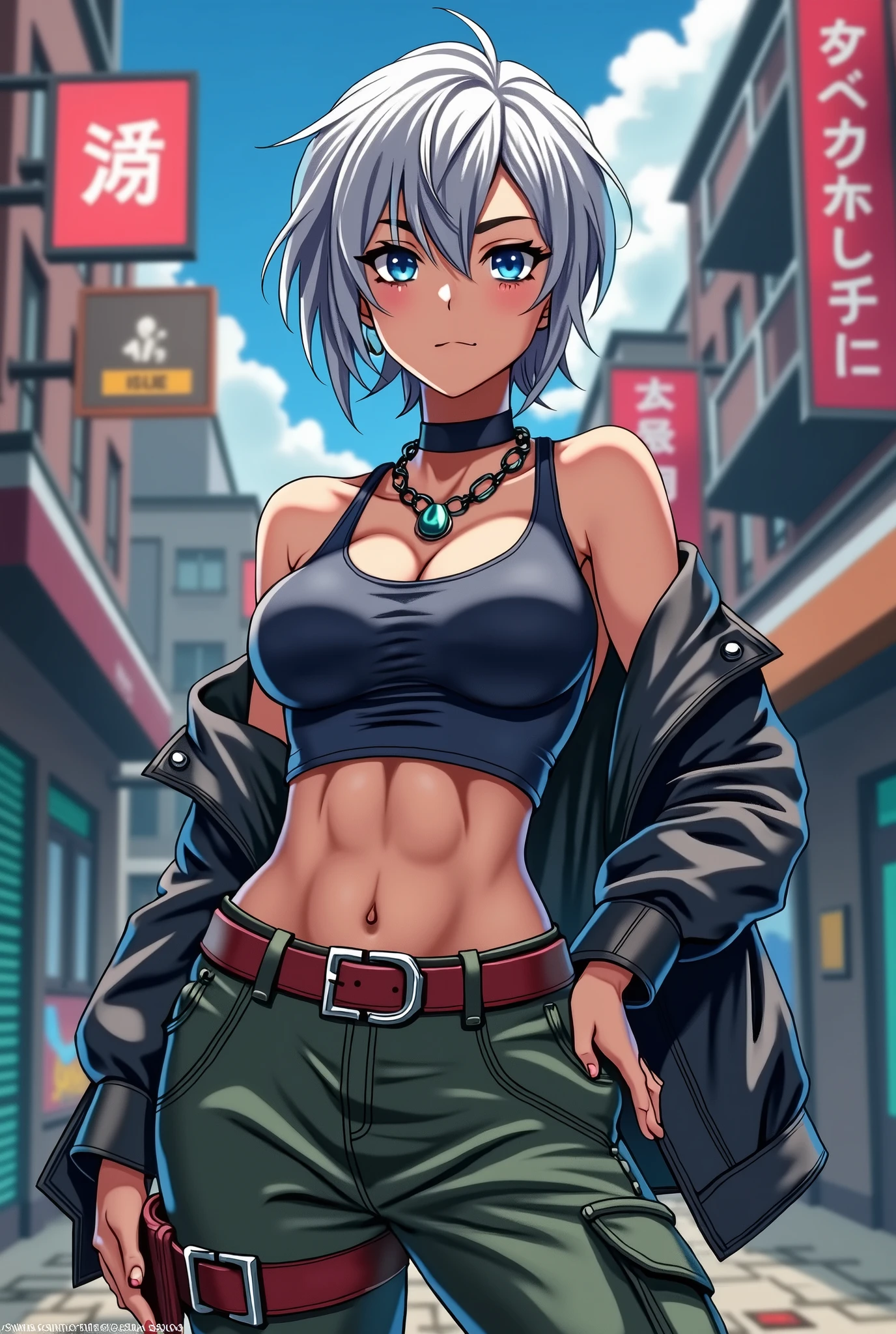 female, short hair, gray, big breasts, anime, strong, streetwear, slim, blue eyes