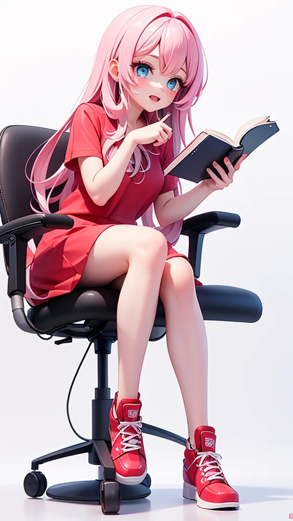 A cute fit 18 year old woman with long black-to-blue gradient hair, bright and reflective blue eyes. white spaghetti fit shirt.  pink hair, fair skin, and long, beautiful legs that match her red shoes. She was wearing a knee-length, see-through red-white dress. She sit in the White background Studio. She is holding book , full body 4k, Front view.