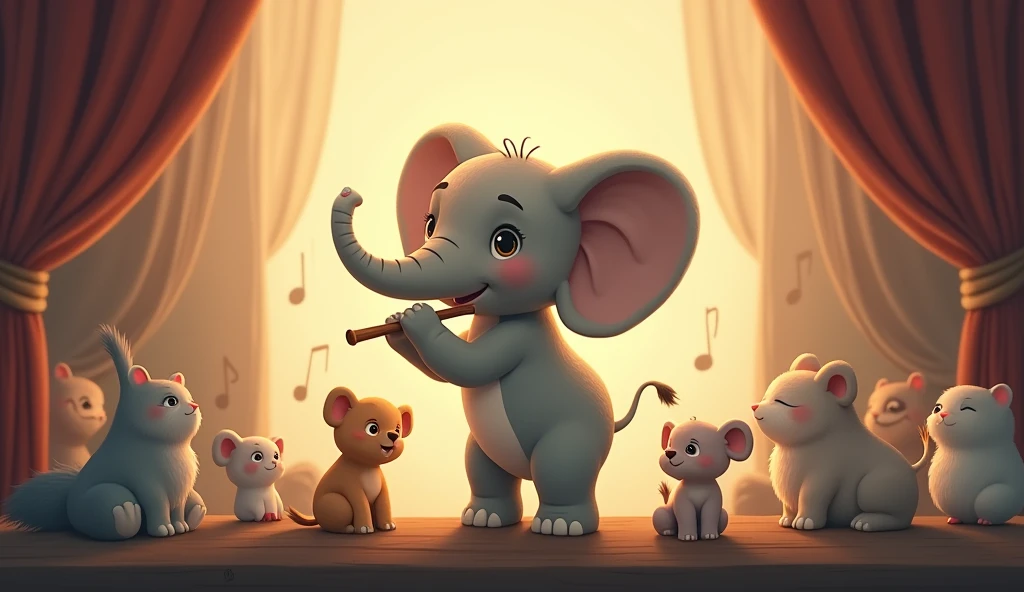 A gentle elephant named Ellie standing on stage, holding a flute with her trunk, playing a soft melody. The other animals are listening intently, some with their eyes closed, enjoying the music.