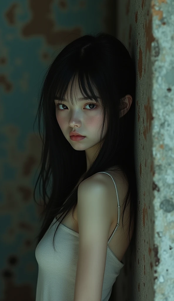 Depressed girl、Long black hair、Small Nose、Skinny body、White eyes、Thin lips、Inpatients、Upper Body、Close-up、Real、Abandoned Factory、Prescription