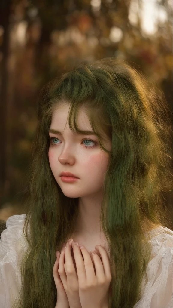 a girl. European. Extremely detailed face. Oval face. Delicate facial features. Half-closed eyes. Long straight hair. Messy hair. Bangs. Green hair. Green eyes. Pensive. Melancholic. Ethereal. Innocent