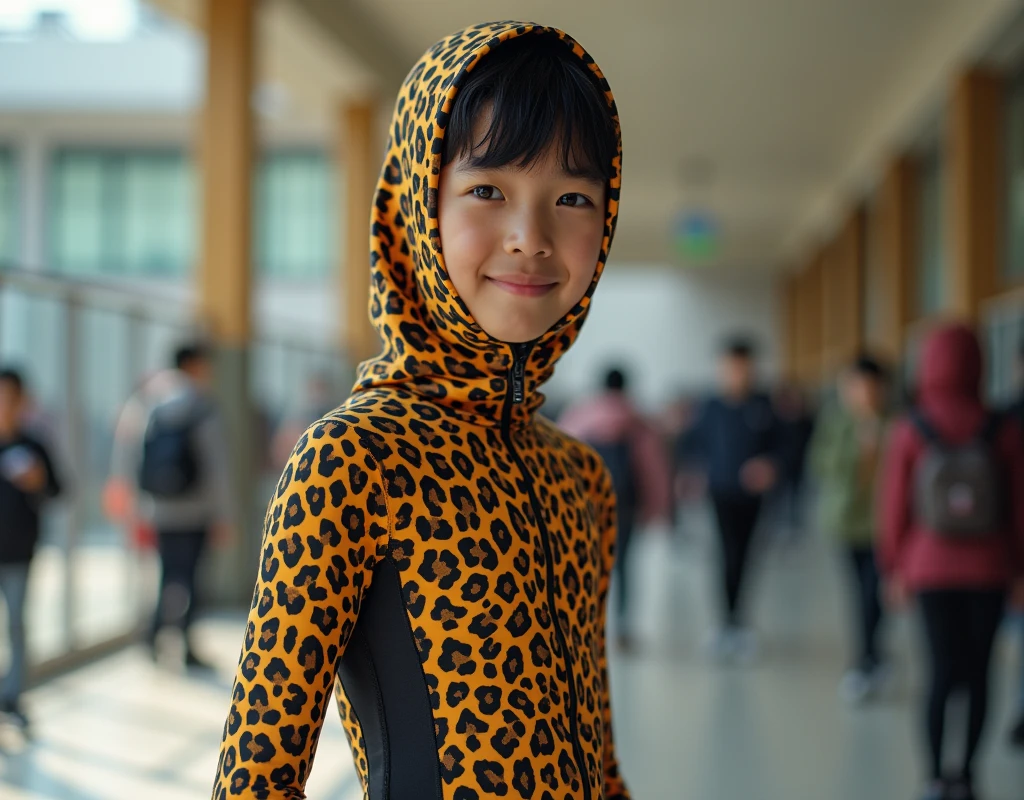 A taiwan boy wear leopard print lycra turtleneck unitard catsuit covered with spots and stripes.He always wear leopard print lycra dancewear hijab-likehood.He is from school