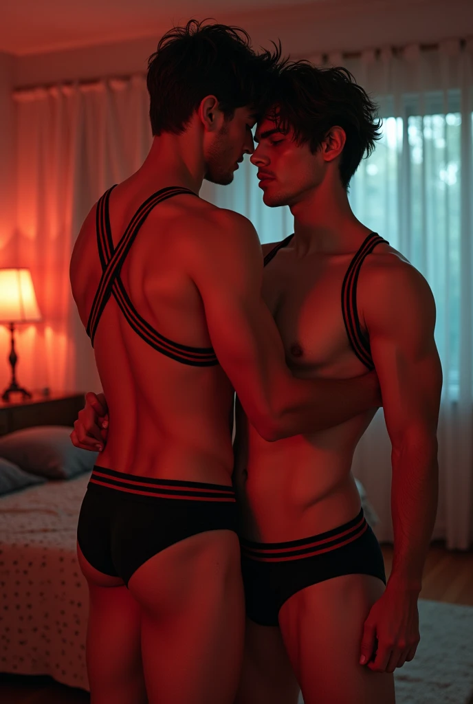 A 27 years old boy  in tank top under vest and 
wide  red colour stripline on tank top under vest and were black trunk underwear and  wide  red colour stripline on underwear  with one boy friend in same clothes both 27 years old boy are in home during sex time and were tank top under vest and 
wide  red colour stripline on tank top under ve