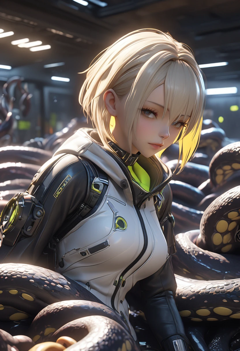 ((Highest quality)), ((masterpiece)), (detailed:1.4), .3d, Images of beautiful cyberpunk women,Ray Tracing,NVIDIA,Super Resolution,Unreal 5,Scattered beneath the surface,PBR Texturing,Post-processing,Anisotropic Filtering,Depth of written boundary,Maximum clarity and sharpness,Multilayer Texture,Albedo and Specular Maps,Surface Shading,Accurate simulation of light-matter interactions,Perfect Proportions,Octane Rendering,Two-tone lighting,wide aperture,Low ISO、White balance、8K RAW.(((Tentacles wrap around his body)))(((short hair)))(((Integration of clothing and tentacles)))