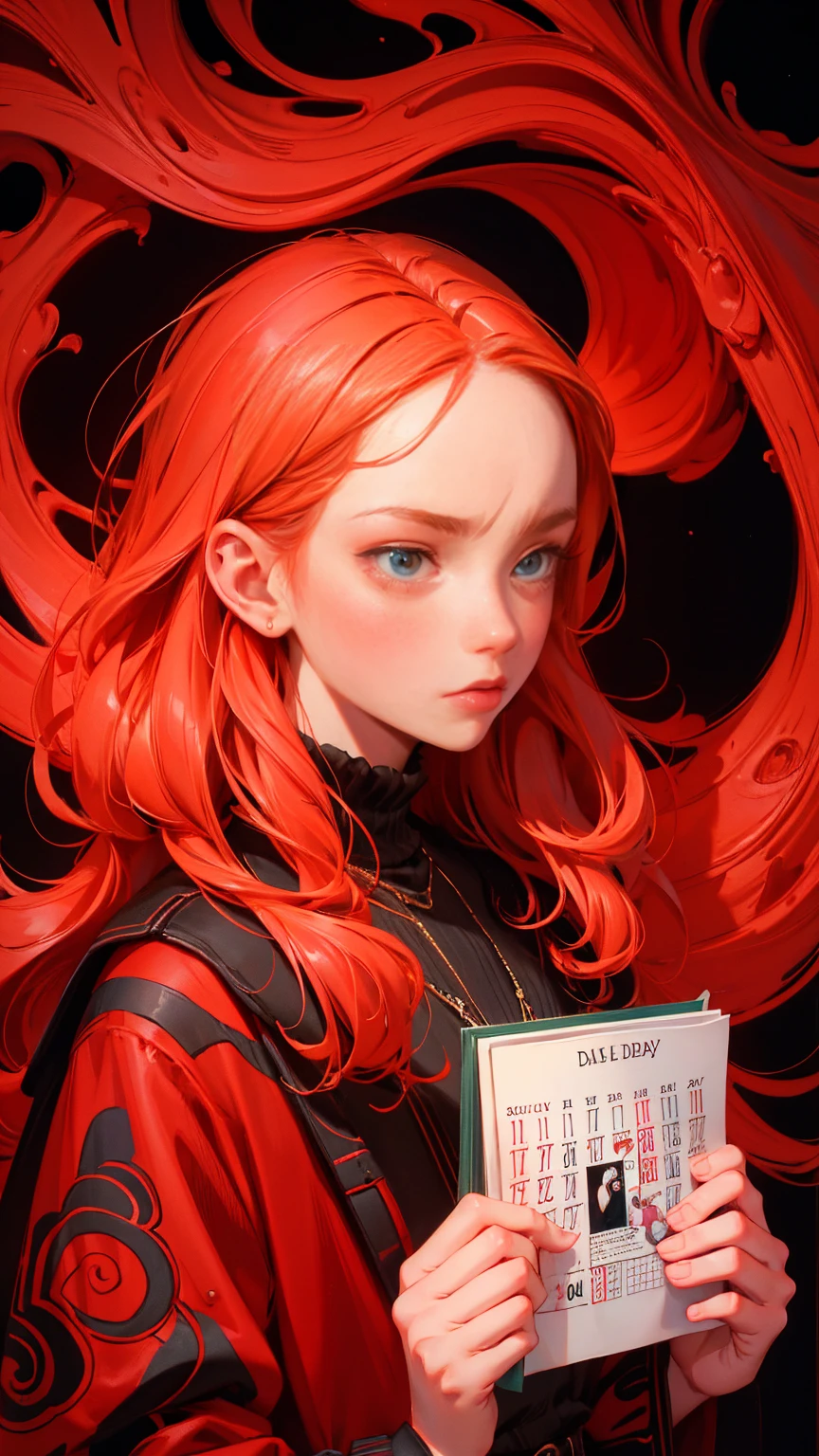 a girl checking a calendar as she is waiting for a payment, daily deviation on deviantart, Exasperation, Raised eyebrows, an exaggerated sigh, and a look of disbelief or annoyance, !!!! very coherent!!!!, jim woodring, by Denis Eden, red color theme