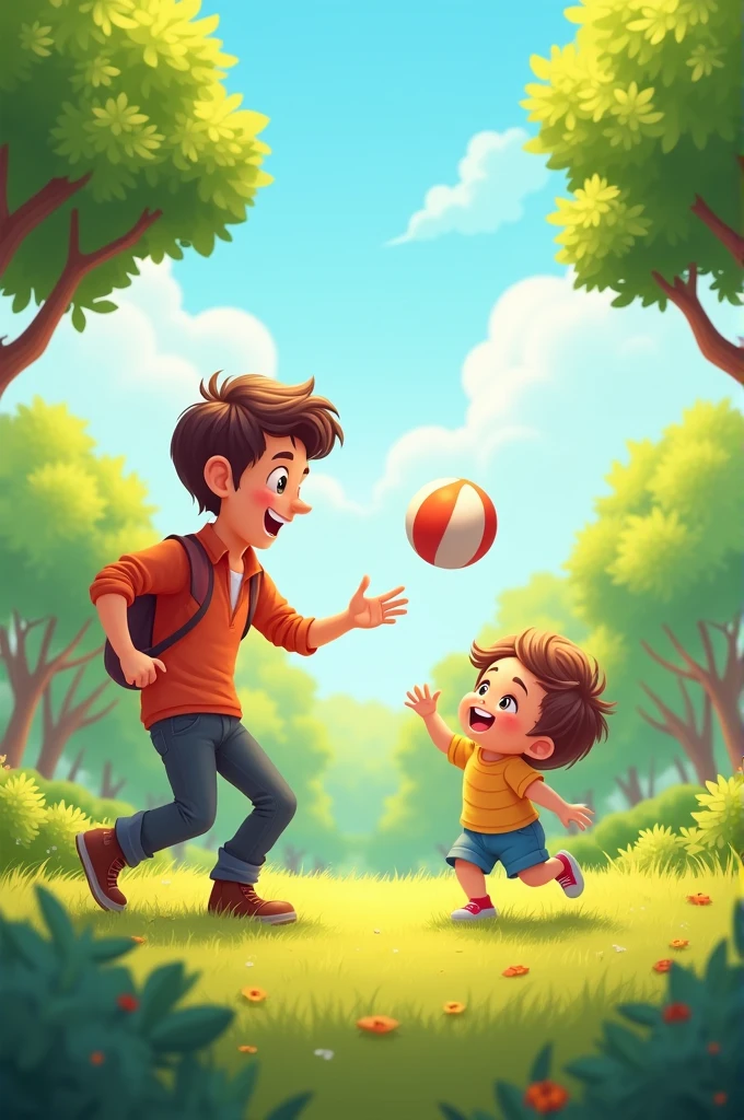 Happy father and happy ??? playing with ball in the park. 2D cartoon picture 