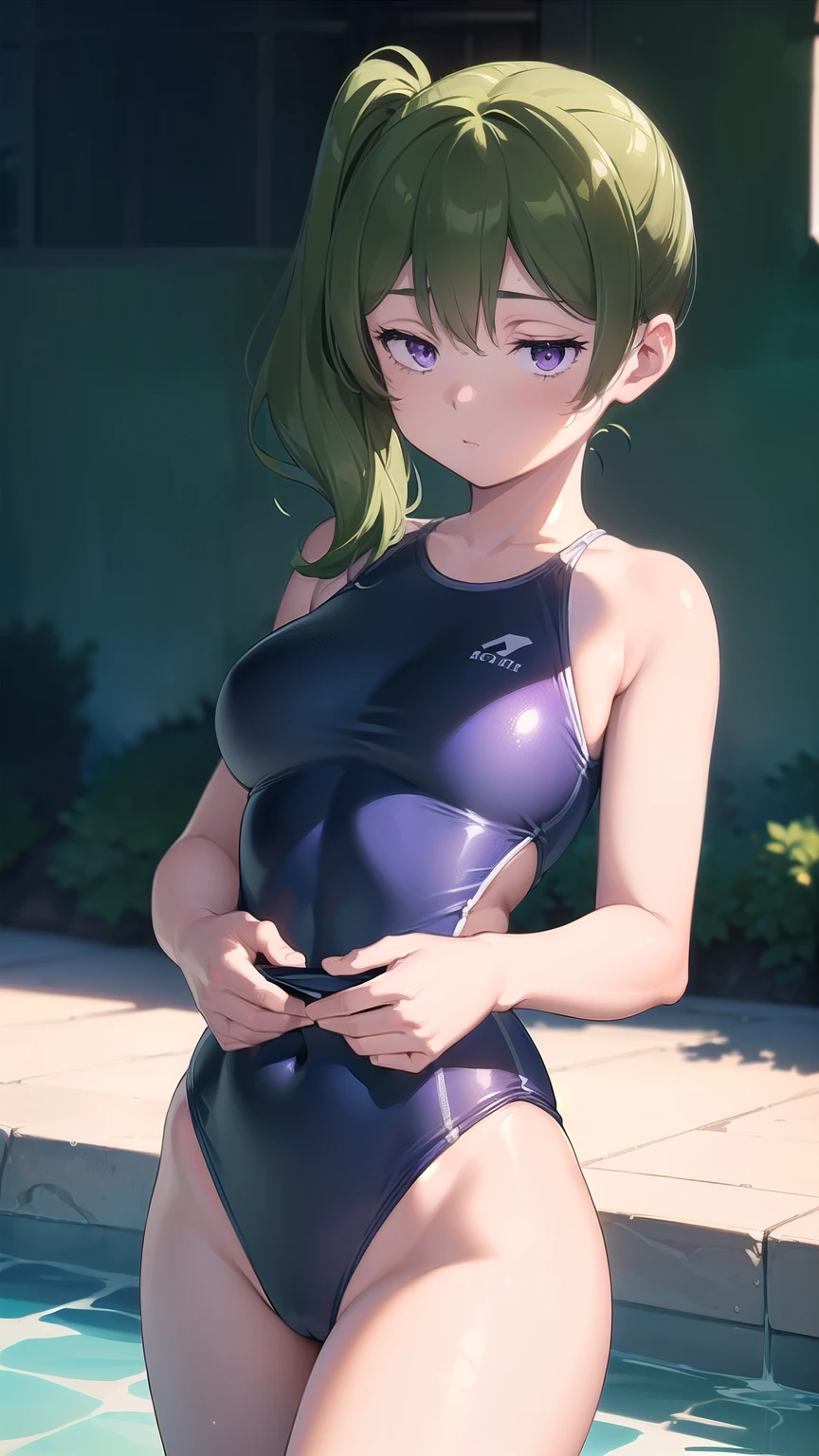 (masterpiece), (Highest quality), (High resolution), (unity 8k wallpaper), (figure:0.8), (Beautiful attention to detail:1.6), Highly detailed face, Perfect lighting, Highly detailed CG, (Perfect hands, Perfect Anatomy),(Ubel ), (1 girl), Green Hair, Side Ponytail, (Purple eyes:1.1), (white competitive swimsuit), looking at viewer, standig, cowboy shot, outodoor, pool