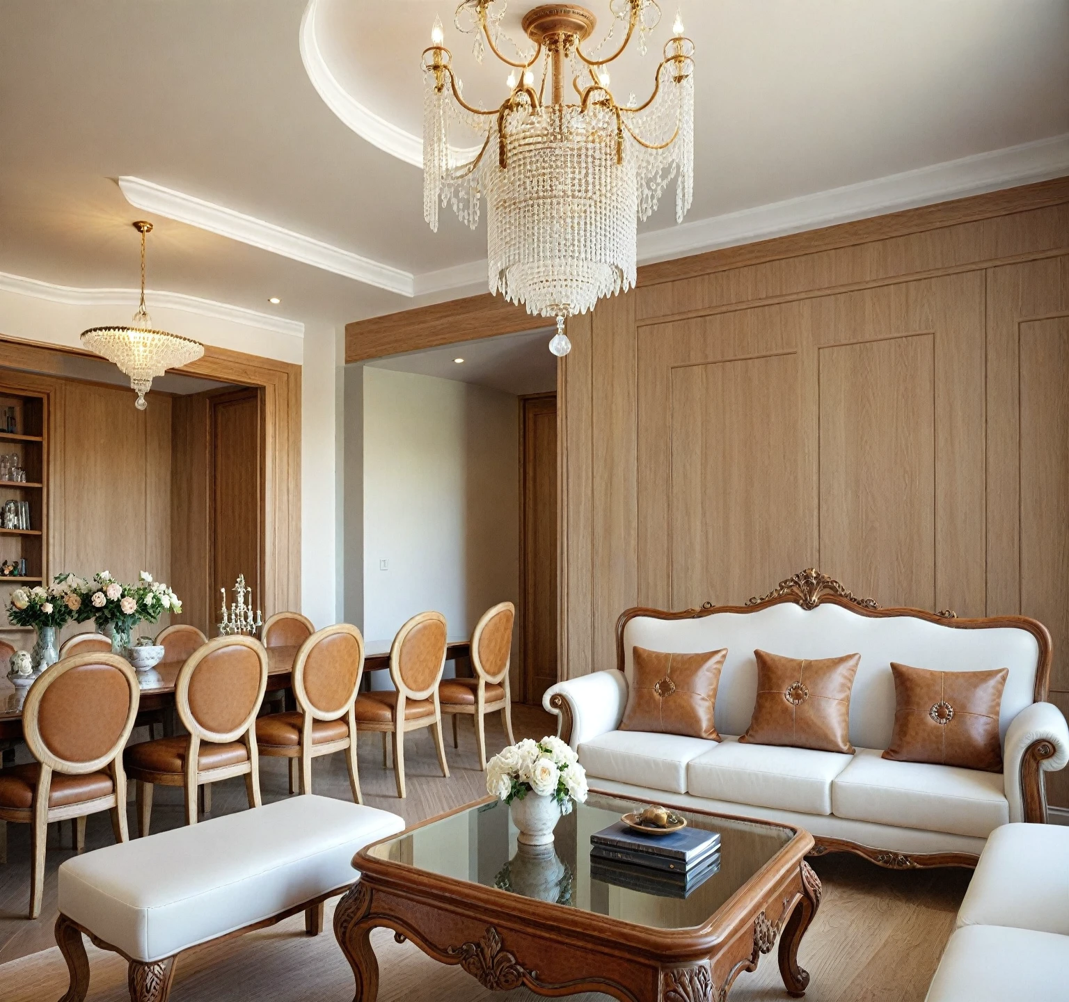 RAW photo, masterpiece, a view of a ( LIVING room :1.3) with a couch, chairs, and a chandelier, highly detailed interior, neo - classical style, neoclassical style, neoclassicism style, interior architect architectural visualization, neoclassical style, in style of classicism, white light sun, rendered in vray, rendered in v-ray, rendered in unreal engine 3d, (photorealistic:1.2), (photorealistic:1.5), best quality, ultra high res, architechture, (leather sofa detail:1.5), neoclassic house, (detailed railing neoclassic:1.5), luxury neoclassical villa, (mable floor details:1.5), (detailed neoclassical carpet:1.5), in the style of neoclassical scene, glass windows, best quality, (Intricate lines:1.5), ((Photorealism:1.5)),(((hyper detail:1.5))), archdaily, award winning design, (dynamic light:1.3), (day light:1.2), (perfect light:1.3), (shimering light :1.4), refection glass windows, (curved line architecture arch:1.2), photorealistic, FKAA, TXAA, RTX, SSAO, Post Processing, Post-Production, CGI, VFX, SFX, Full color,((Unreal Engine 5)), Canon EOS R5 Camera + Lens RF 45MP full-frame CMOS sensor, HDR, Realistic, Cinematic intricate detail, extreme detail, science, hyper-detail, FKAA, super detail, super realistic, crazy detail, intricate detail, nice color grading, reflected light on glass, eye-catching wall lights, unreal engine 5, octane render, cinematic, trending on artstation, High-fidelity, Viwvid, Crisp, Sharp, Bright, Stunning, ((Lifelike)), Natural, ((Eye-catching)), Illuminating, Flawless, High-quality,Sharp edge rendering, medium soft lighting, photographic render, detailed archviz, ((( Pachyloba, Doussie, Afzelia wooden : 1.7 ))),((( organe wooden : 2.5 )))